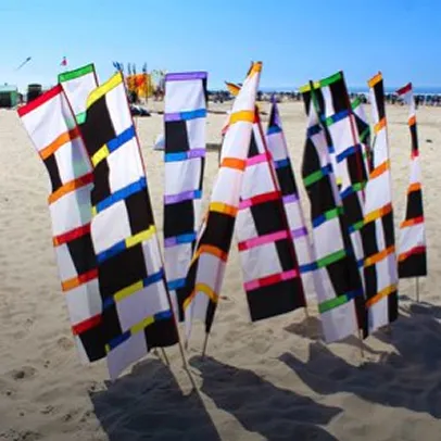 Drapeaux colorés personnalisés alignés sur une plage ensoleillée
