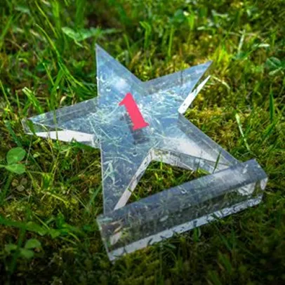 Étoile transparente personnalisée avec logo rouge en relief sur fond vert