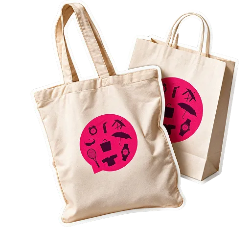 Sac personnalisable publicitaire avec motifs cosmétiques et accessoires stylisés