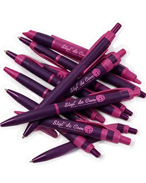 Stylos personnalisés Styl’ de Com en violet métallisé avec logo blanc